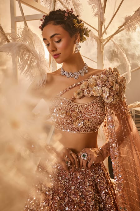 Swish By Dolcy And Simran_Rose Gold Net Beads, Sequins, Cut Work Iris 3d Embroidered Lehenga Set _Online_at_Aza_Fashions