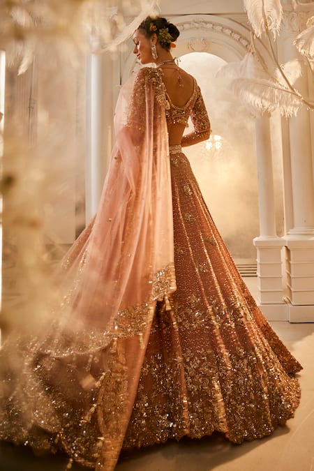 Swish By Dolcy And Simran Rose Gold Nakshi Embroidered Lehenga Set 