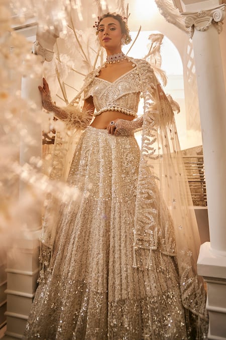 Buy_Swish By Dolcy And Simran_Ivory Net Crystals, Cut Work, Sequins, Pearls, Tonal Bridal Lehenga Set _Online_at_Aza_Fashions