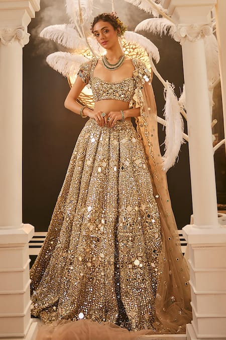 Swish By Dolcy And Simran Gold Mirrorwork Embroidered Bridal Lehenga Set 