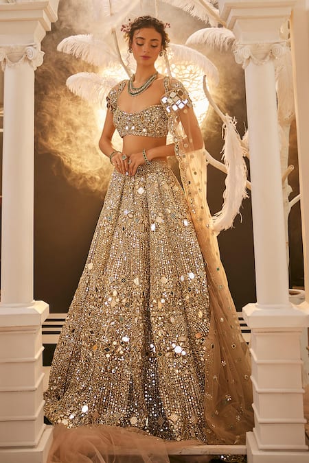 Swish By Dolcy And Simran Gold Mirrorwork Embroidered Bridal Lehenga Set 