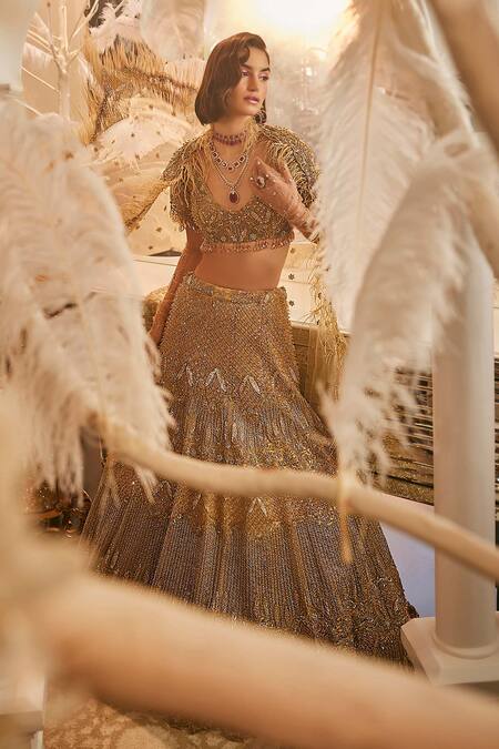 Buy_Swish By Dolcy And Simran_Gold Net Crystals, Sequins, Cut Work, Cutdana Embroidered Bridal Lehenga Set _Online_at_Aza_Fashions