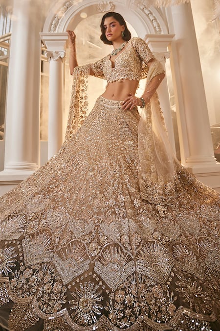 Shop_Swish By Dolcy And Simran_Pink Net Pearls, Sequins Sweetheart Neck Floral Embroidered Bridal Lehenga Set _Online_at_Aza_Fashions
