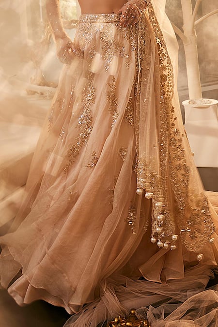 Swish By Dolcy And Simran_Pink Kota Doria, Organza Crystals, Cut Work, Floral Scatter Lehenga Set _Online_at_Aza_Fashions