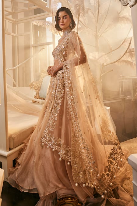 Shop_Swish By Dolcy And Simran_Pink Kota Doria, Organza Crystals, Cut Work, Floral Scatter Lehenga Set _Online_at_Aza_Fashions