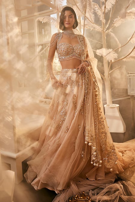 Swish By Dolcy And Simran_Pink Kota Doria, Organza Crystals, Cut Work, Floral Scatter Lehenga Set _at_Aza_Fashions