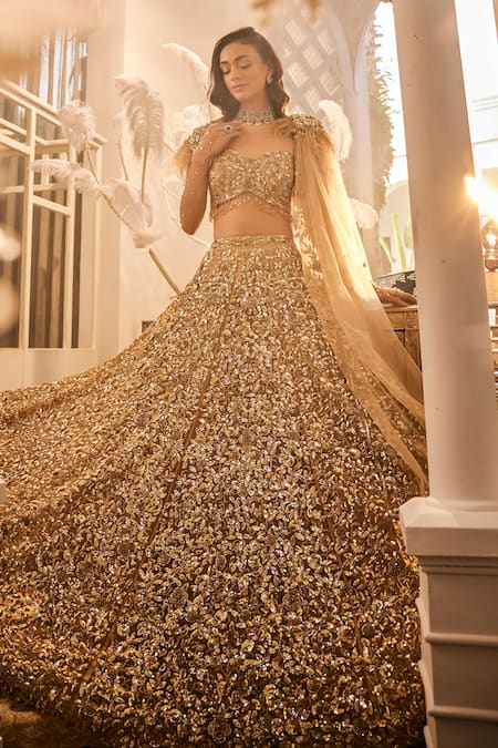 Shop_Swish By Dolcy And Simran_Gold Net Sequins, Feathers, Crystals, 3d Rosette Vine Embroidered Lehenga Set _Online_at_Aza_Fashions