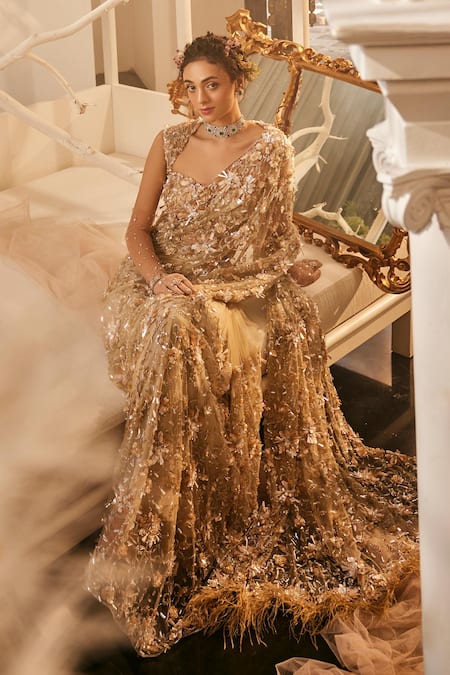 Shop_Swish By Dolcy And Simran_Gold Net Crystals, Sequins, Feathers 3d Flower Embroidered Saree Set _Online_at_Aza_Fashions