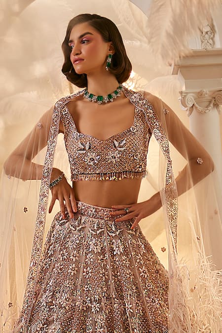 Swish By Dolcy And Simran_Purple Net Cut Work, Sequins, Feathers, Embroidery Lilac 3d Floral Lehenga Set _Online_at_Aza_Fashions