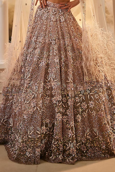 Buy_Swish By Dolcy And Simran_Purple Net Cut Work, Sequins, Feathers, Embroidery Lilac 3d Floral Lehenga Set _Online_at_Aza_Fashions