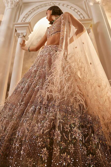 Shop_Swish By Dolcy And Simran_Purple Net Cut Work, Sequins, Feathers, Embroidery Lilac 3d Floral Lehenga Set _Online_at_Aza_Fashions