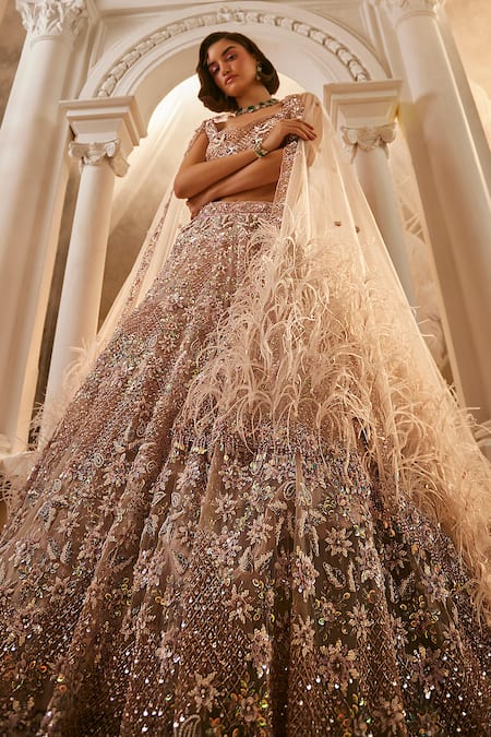 Swish By Dolcy And Simran_Purple Net Cut Work, Sequins, Feathers, Embroidery Lilac 3d Floral Lehenga Set _at_Aza_Fashions