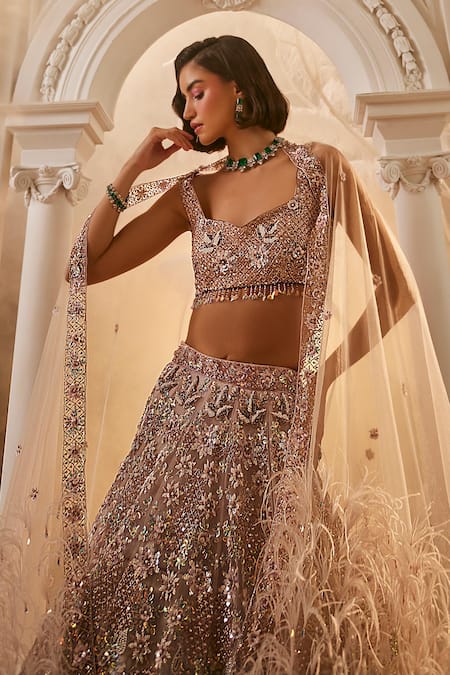 Buy_Swish By Dolcy And Simran_Purple Net Cut Work, Sequins, Feathers, Embroidery Lilac 3d Floral Lehenga Set 