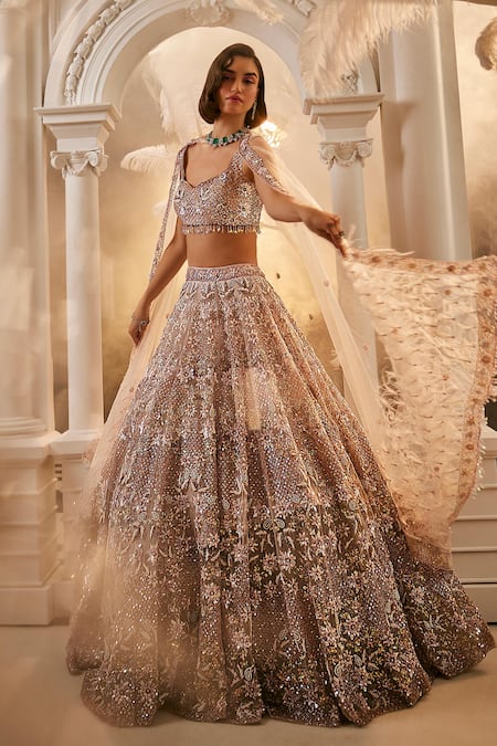 Shop_Swish By Dolcy And Simran_Purple Net Cut Work, Sequins, Feathers, Embroidery Lilac 3d Floral Lehenga Set 