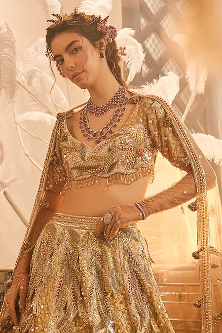 Swish By Dolcy And Simran Gold Cutdana Embroidered Bridal Lehenga Set 