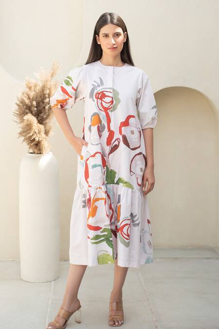 Merakus_Multi Color Cotton Round Neck Floral Print Puffed Sleeves Midi Dress _Online_at_Aza_Fashions