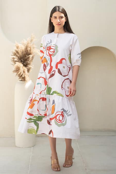Buy_Merakus_Multi Color Cotton Round Neck Floral Print Puffed Sleeves Midi Dress _Online_at_Aza_Fashions