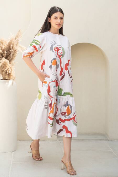 Shop_Merakus_Multi Color Cotton Round Neck Floral Print Puffed Sleeves Midi Dress _Online_at_Aza_Fashions