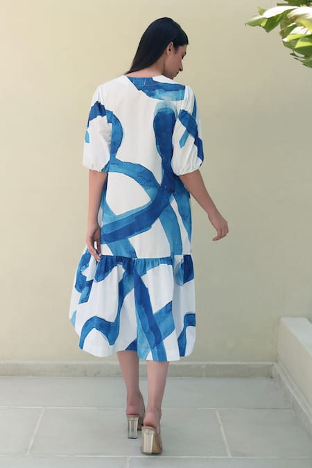 Shop_Merakus_Blue Cotton Round Neck Stroke Print Puffed Sleeve Midi Dress _at_Aza_Fashions