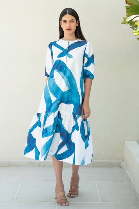 Merakus_Blue Cotton Round Neck Stroke Print Puffed Sleeve Midi Dress _Online_at_Aza_Fashions