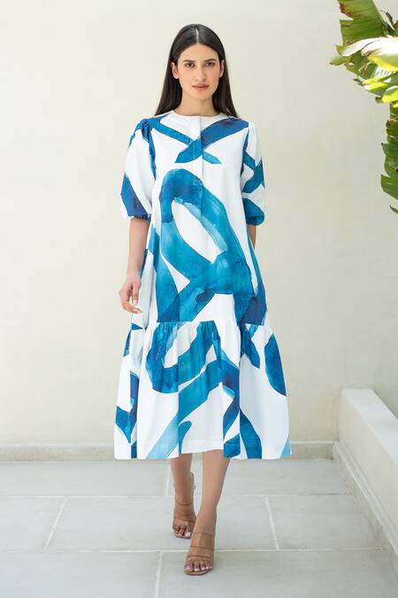 Buy_Merakus_Blue Cotton Round Neck Stroke Print Puffed Sleeve Midi Dress _Online_at_Aza_Fashions