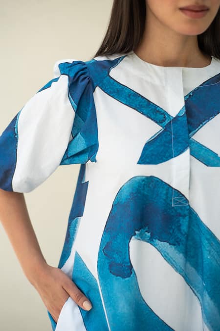 Shop_Merakus_Blue Cotton Round Neck Stroke Print Puffed Sleeve Midi Dress _Online_at_Aza_Fashions