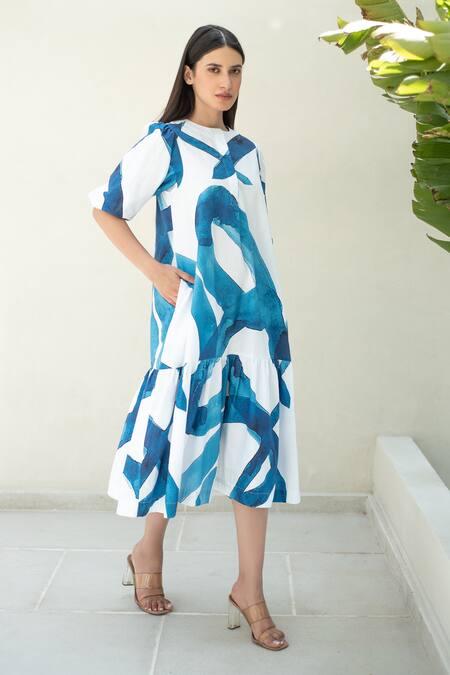 Merakus_Blue Cotton Round Neck Stroke Print Puffed Sleeve Midi Dress _at_Aza_Fashions