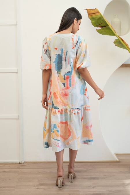 Shop_Merakus_Multi Color Cotton Round Neck Abstract Print Midi Dress _at_Aza_Fashions