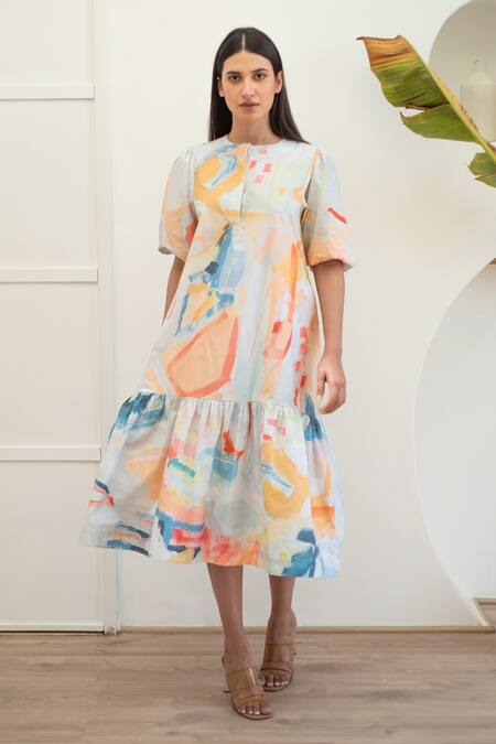 Merakus_Multi Color Cotton Round Neck Abstract Print Midi Dress _Online_at_Aza_Fashions