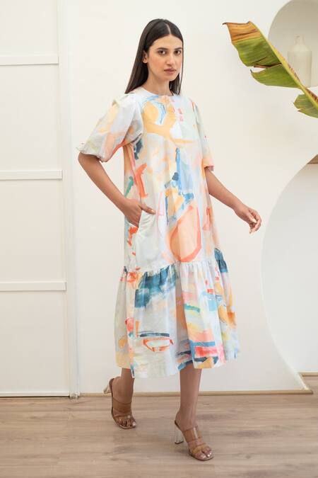 Buy_Merakus_Multi Color Cotton Round Neck Abstract Print Midi Dress _Online_at_Aza_Fashions