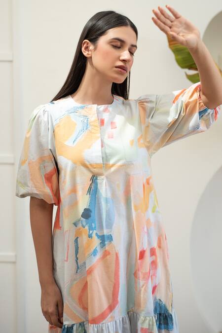 Shop_Merakus_Multi Color Cotton Round Neck Abstract Print Midi Dress _Online_at_Aza_Fashions