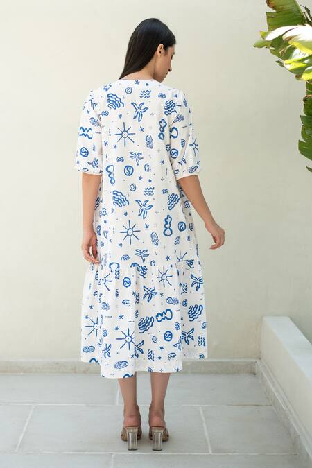 Shop_Merakus_Blue , Satin Round Neck Doodle Print Midi Dress _at_Aza_Fashions