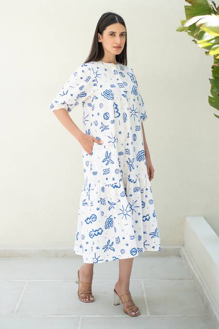 Merakus_Blue , Satin Round Neck Doodle Print Midi Dress _Online_at_Aza_Fashions