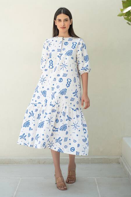 Buy_Merakus_Blue , Satin Round Neck Doodle Print Midi Dress _Online_at_Aza_Fashions