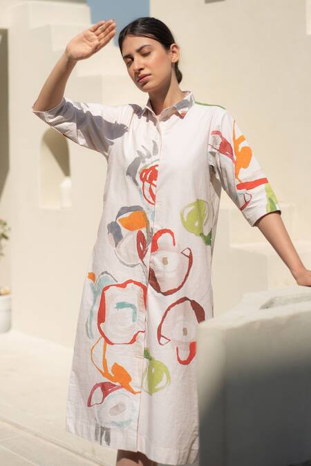 Merakus_Multi Color Cotton Collared Floral Print Midi Shirt Dress _Online_at_Aza_Fashions
