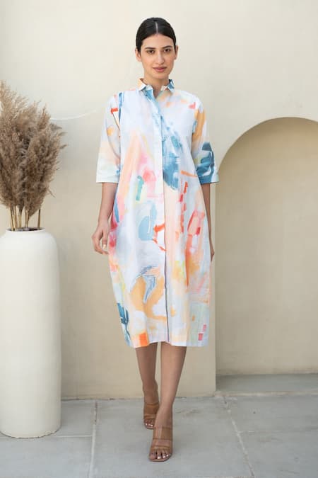 Merakus Abstract Print Midi Shirt Dress 