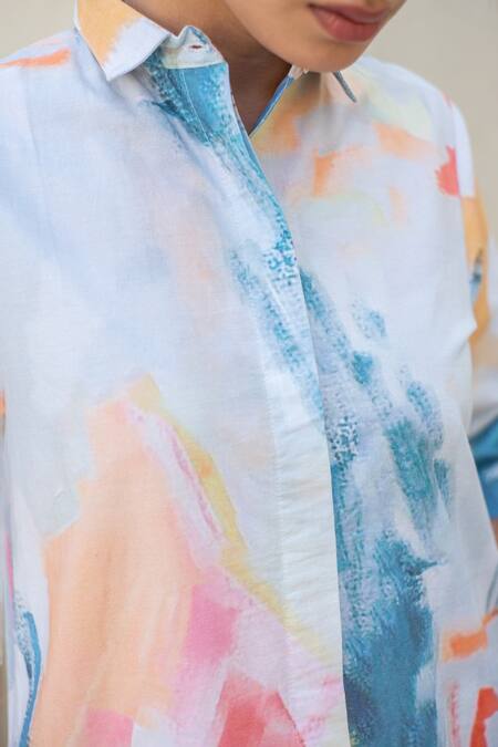 Merakus_Multi Color Cotton Collared Abstract Print Midi Shirt Dress _Online_at_Aza_Fashions