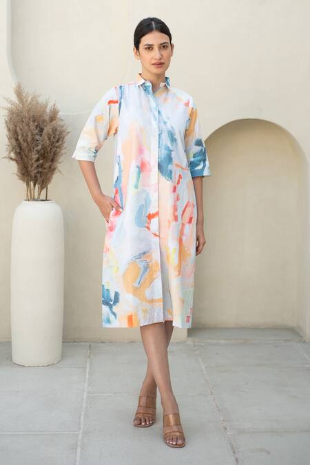 Buy_Merakus_Multi Color Cotton Collared Abstract Print Midi Shirt Dress _Online_at_Aza_Fashions