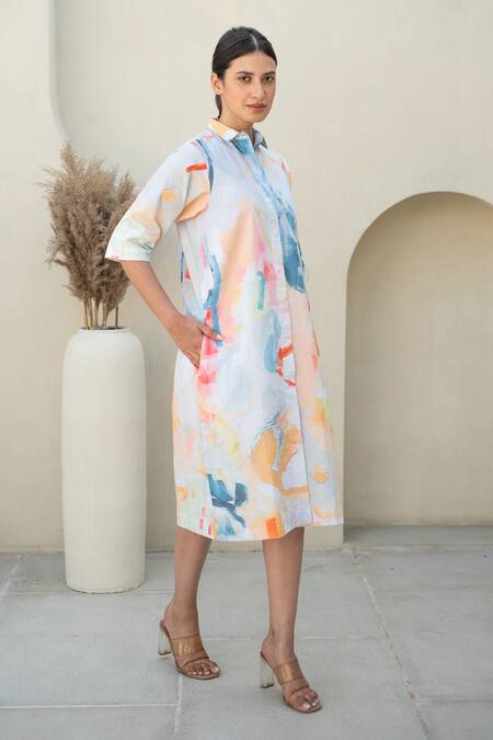 Shop_Merakus_Multi Color Cotton Collared Abstract Print Midi Shirt Dress _Online_at_Aza_Fashions