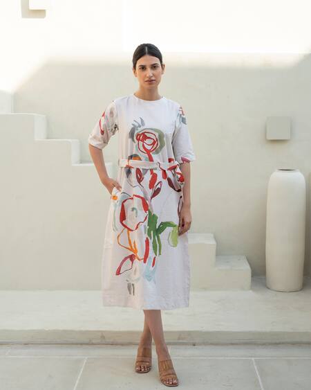 Merakus_Multi Color Cotton Round Neck Abstract Floral Midi Dress _Online_at_Aza_Fashions