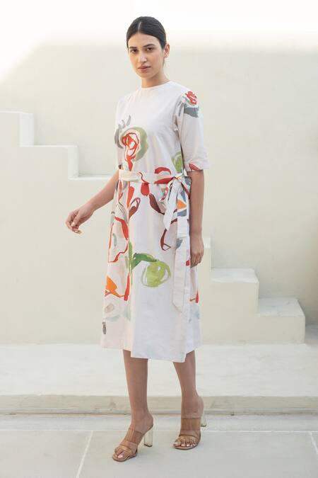 Buy_Merakus_Multi Color Cotton Round Neck Abstract Floral Midi Dress _Online_at_Aza_Fashions