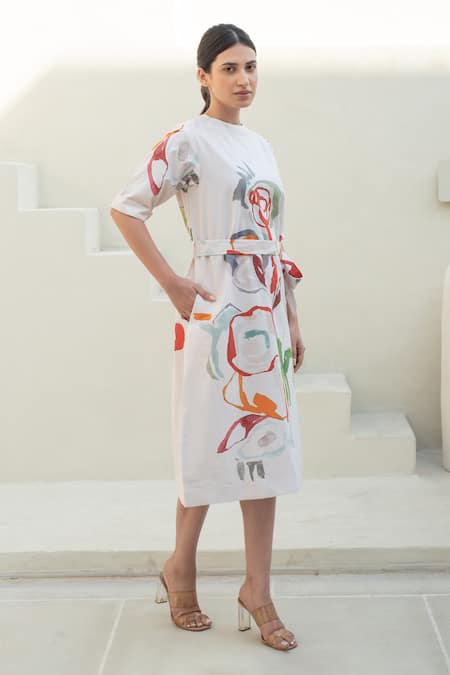 Shop_Merakus_Multi Color Cotton Round Neck Abstract Floral Midi Dress _Online_at_Aza_Fashions