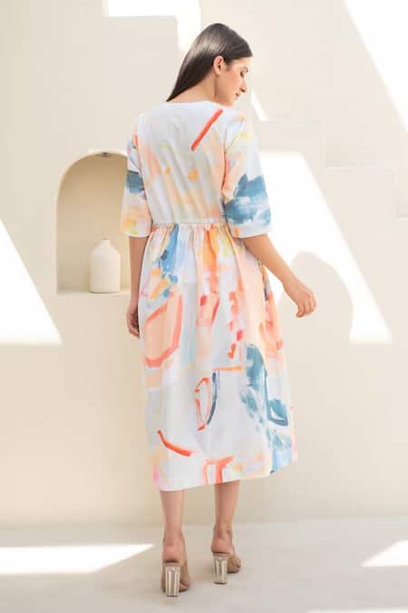 Shop_Merakus_Multi Color Cotton Round Neck Abstract Move Print Midi Dress _at_Aza_Fashions