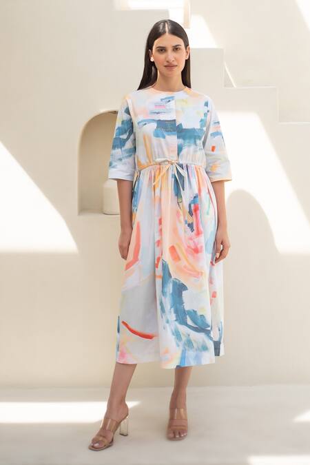 Merakus_Multi Color Cotton Round Neck Abstract Move Print Midi Dress _Online_at_Aza_Fashions