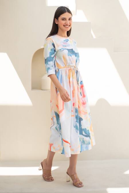 Buy_Merakus_Multi Color Cotton Round Neck Abstract Move Print Midi Dress _Online_at_Aza_Fashions