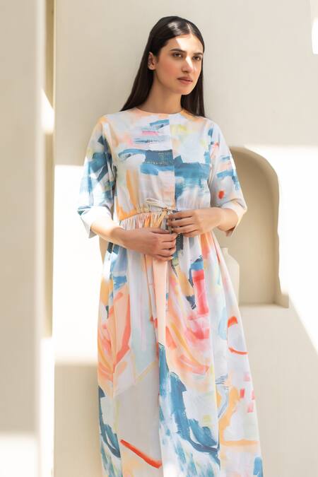 Shop_Merakus_Multi Color Cotton Round Neck Abstract Move Print Midi Dress _Online_at_Aza_Fashions