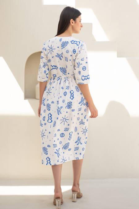 Shop_Merakus_Blue Cotton Round Neck Doodle Art Print Midi Dress _at_Aza_Fashions