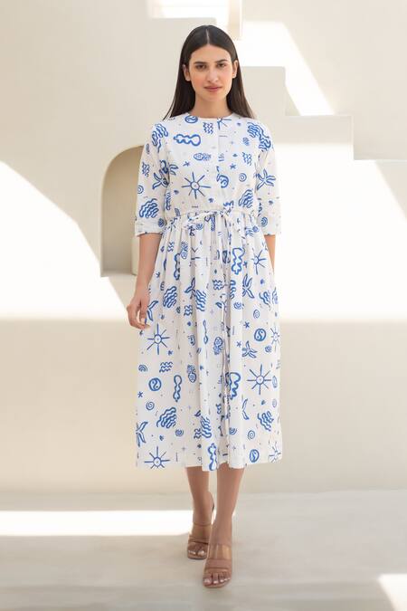 Merakus_Blue Cotton Round Neck Doodle Art Print Midi Dress _Online_at_Aza_Fashions
