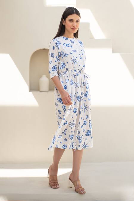 Buy_Merakus_Blue Cotton Round Neck Doodle Art Print Midi Dress _Online_at_Aza_Fashions
