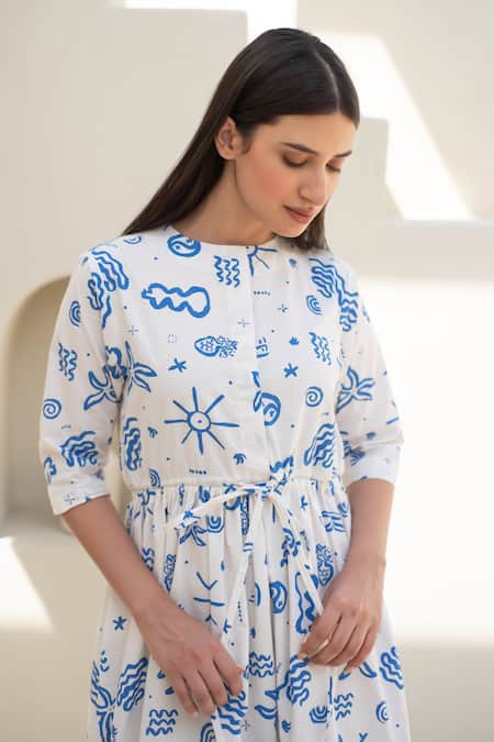 Shop_Merakus_Blue Cotton Round Neck Doodle Art Print Midi Dress _Online_at_Aza_Fashions